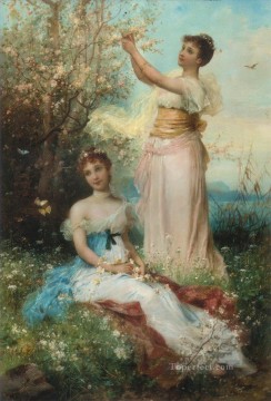 印象派 Painting - 花と蝶の少女 ハンス・ザツカ 美しい女性 女性